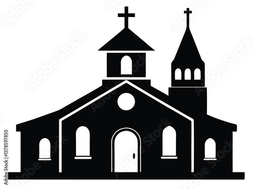 Black Silhouette of a Christian Church with Cross. Minimalist Church Silhouette Against Sunset Sky