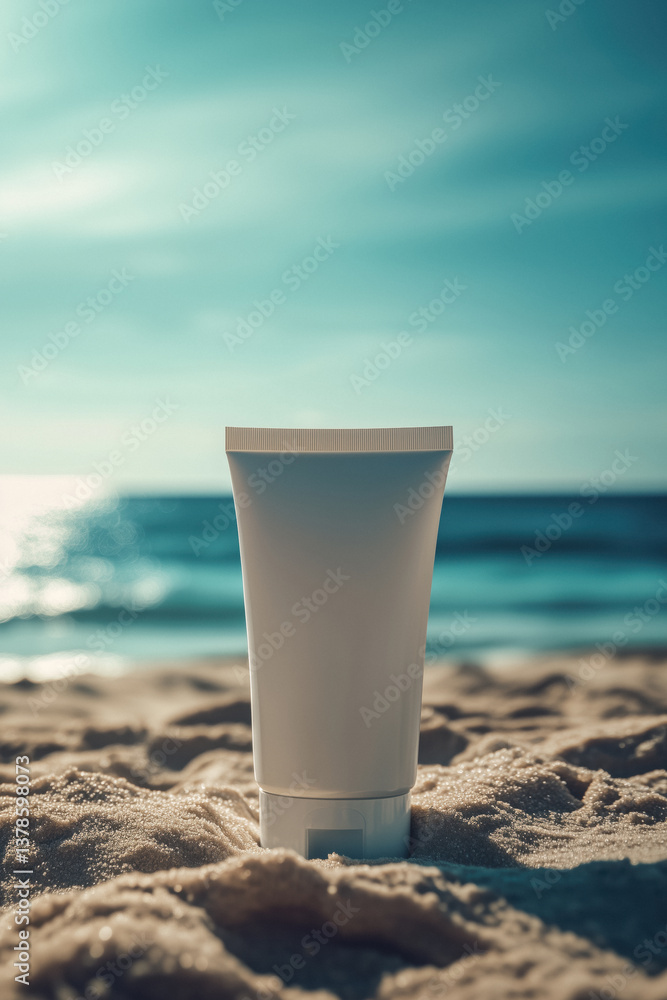 Close-up of a blank sunscreen bottle lotion on a sandy beach, with the ocean in the blurred background.