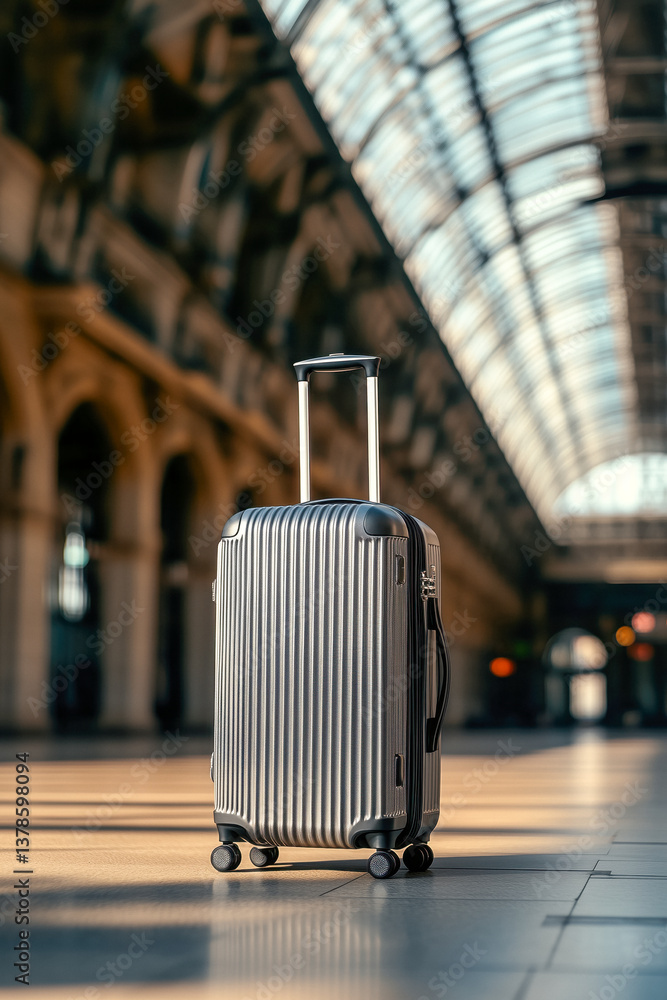 Close-up of a silver suitcase on a tiled floor in a train station.