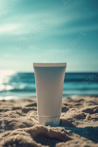 Obraz na płótnie Close-up of a blank sunscreen bottle lotion on a sandy beach, with the ocean in the blurred background. w salonie
