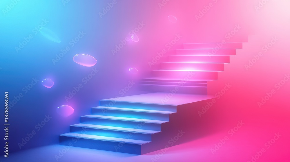 Futuristic neon staircase floating in a vibrant surreal space with glowing bubbles. Futuristic neon staircase floating in a vibrant surreal space with glowing bubbles.
