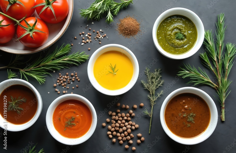 Assortment sauces bowls herbs, spices. Top view, creative food photography. Sauces ketchup, mustard, pesto, mayonnaise, bbq. Ingredients rosemary, dill, thyme, peppercorns. Healthy eating, culinary Assortment sauces bowls herbs, spices. Top view, creative food photography. Sauces ketchup, mustard, pesto, mayonnaise, bbq. Ingredients rosemary, dill, thyme, peppercorns. Healthy eating, culinary