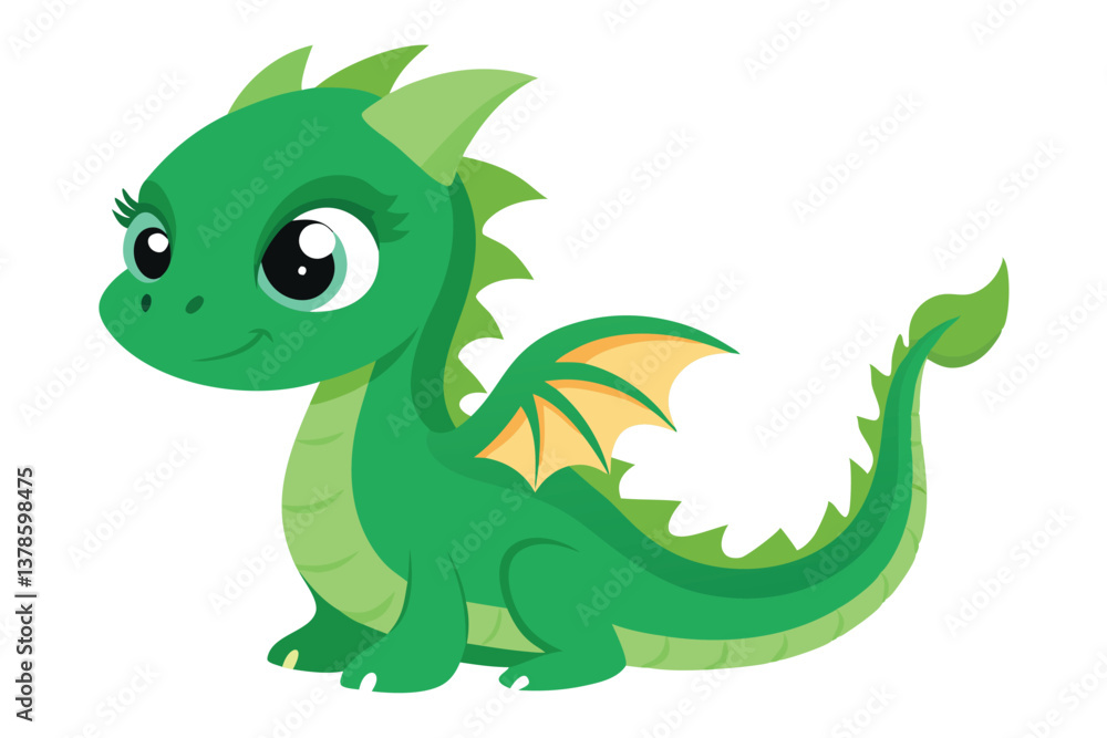 Obraz premium Cute Green Dragon Cartoon with Wings Isolated on White Background