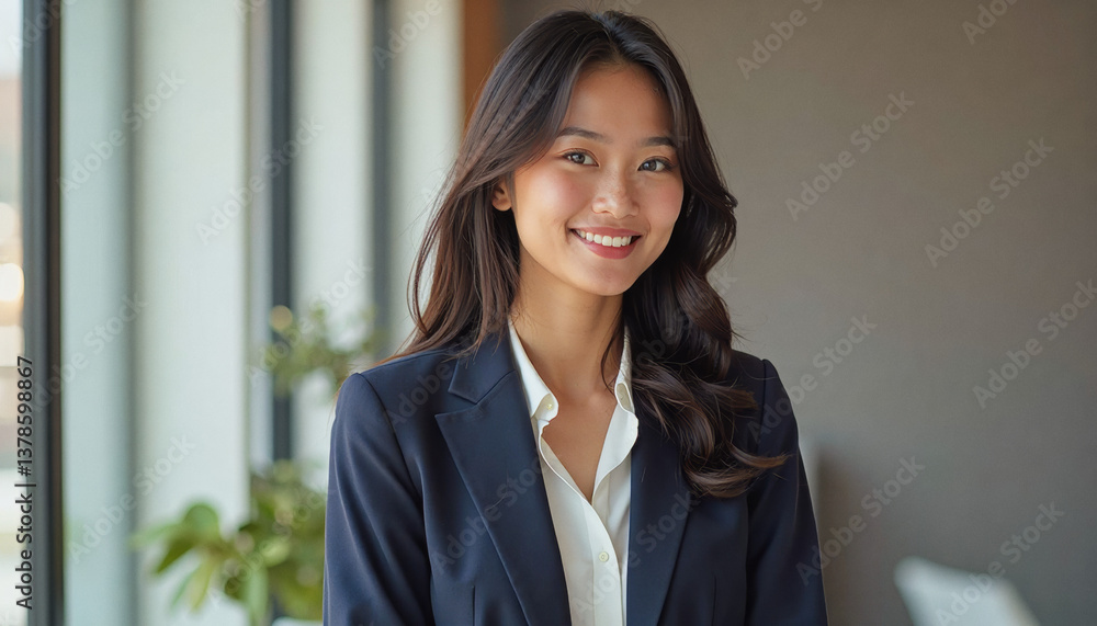 A portrait headshot photo of a friendly professional CEO executive business worker: A smiling young Asian woman in a professional navy blazer and white shirt poses confidently indoors near a wind A portrait headshot photo of a friendly professional CEO executive business worker: A smiling young Asian woman in a professional navy blazer and white shirt poses confidently indoors near a wind