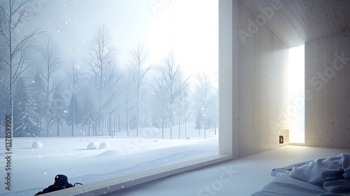 A serene snowy landscape viewable from within a white room
