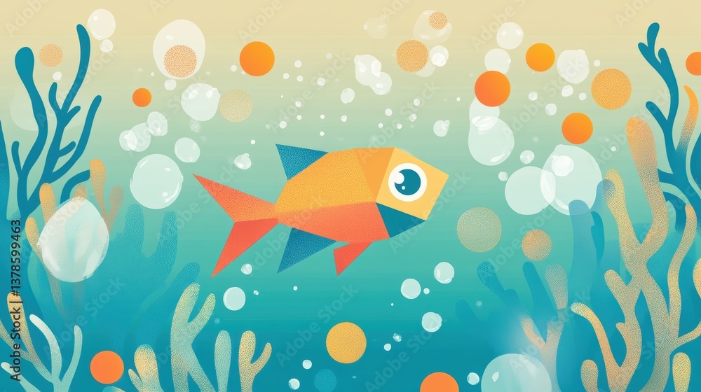 Naklejka premium Colorful digital fish swimming in a whimsical underwater world with vibrant bubbles.