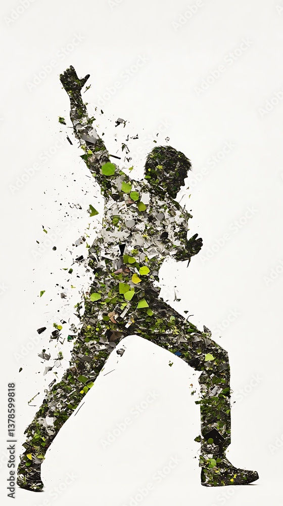 Obraz premium Abstract Green And White Particle Person In Dynamic Pose