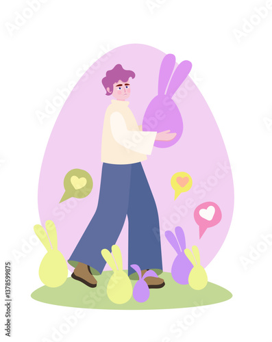 Vector color illustration. Cute ten year old boy standing and holding an Easter egg with rabbit ears. Around him are eggs with ears and hearts on a background of a large Easter egg. Cute Easter illust