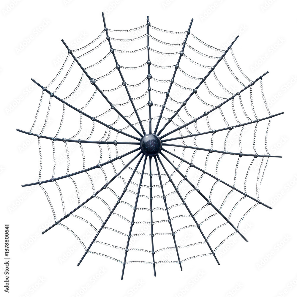 Obraz premium A detailed, symmetrical spider web with central point, showcasing intricate patterns and metallic sheen, set against transparent background