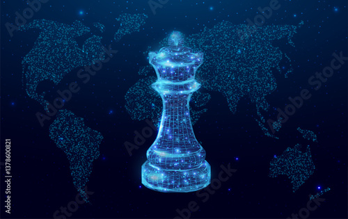 Wireframe polygonal Chess King with globe map. Low poly chess figure. Success business startup, play game, concept. Polygonal wireframe vector illustration.
