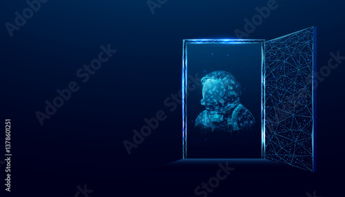 Exploring the digital realm through a futuristic doorway with astronaut presence at night. Banner with glowing wireframe low poly door on dark blue background. Abstract vector illustration.