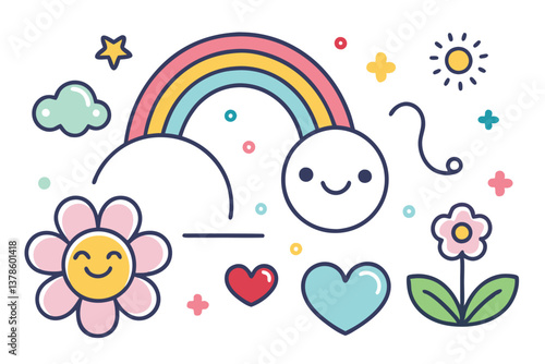 Cute Rainbow Sun Cloud Heart Flower Design with Smiling Faces on Transparent Background