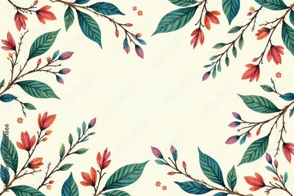 Stylish botanical illustration featuring leafy branches and flowers in a repeating pattern suitable for home decor , white, delicate Stylish botanical illustration featuring leafy branches and flowers in a repeating pattern suitable for home decor , white, delicate