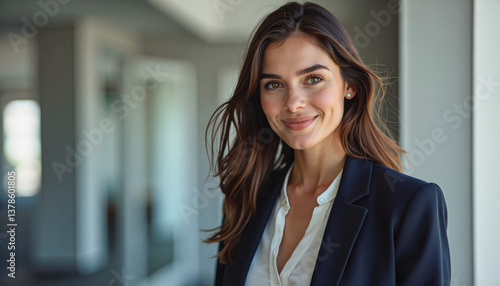 A portrait headshot photo of a friendly professional CEO executive business worker: A confident businesswoman with long brown hair smiles warmly while wearing a navy blazer and white shirt in a m Free Download A portrait headshot photo of a friendly professional CEO executive business worker: A confident businesswoman with long brown hair smiles warmly while wearing a navy blazer and white shirt in a m - GFXLoad
