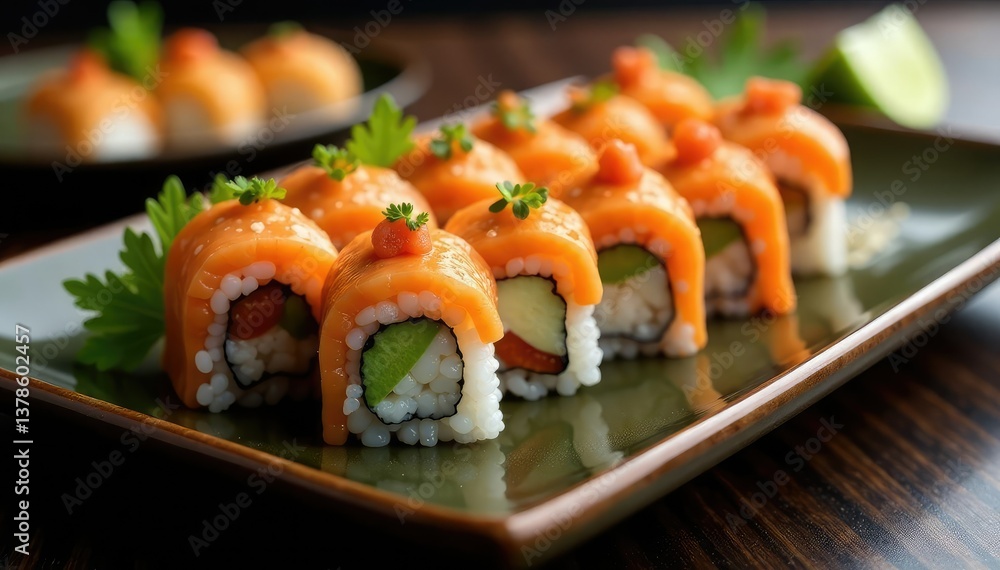 Sushi platter, various rolls, elegant presentation, sashimi, restaurant Sushi platter, various rolls, elegant presentation, sashimi, restaurant