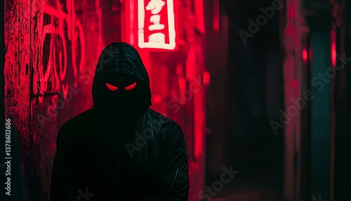 A masked vigilante standing in a dark alley, illuminated only by the red glow of a distant neon sign, cinematic urban justice