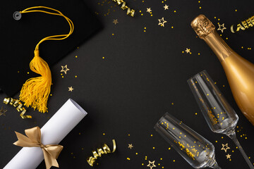 Elegant setup for a graduation party showcasing a diploma, cap, champagne, and decorations