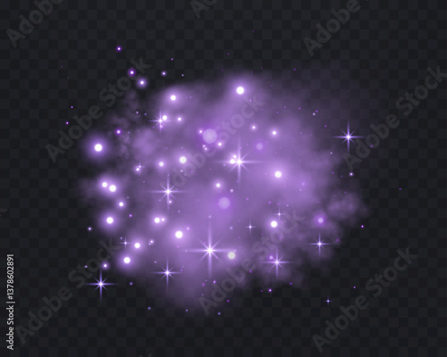 Purple glittering dots, particles, stars magic sparks. Dust cloud flare light effect. Red luminous points with smoke. Vector particles on transparent background