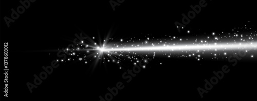 White horizontal laser beam. Neon line, presentation pointer. Silver glow flare light effect. Vector illustration. Isolated on transparent background.