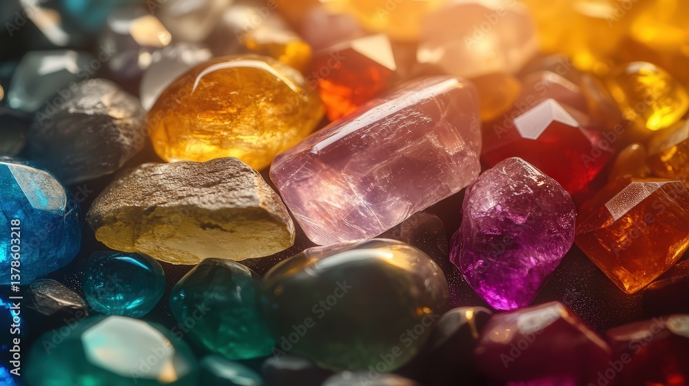 Colorful gemstones in perfect balance, glowing gently under the sunlight. Each stone rich color reflects a peaceful energy, creating a harmonious and tranquil mood. Colorful gemstones in perfect balance, glowing gently under the sunlight. Each stone rich color reflects a peaceful energy, creating a harmonious and tranquil mood.