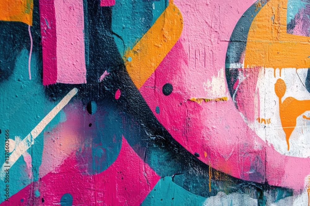 Fototapeta premium Vibrant pink graffiti art with abstract shapes on textured wall. AI generated illustration.