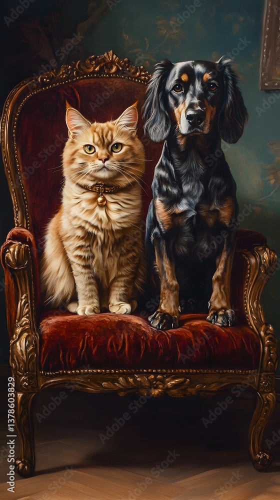 Fototapeta premium The Aristocratic Cat and the Noble Hound oil painting