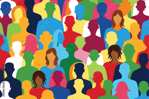 Diverse Crowd Illustration. Colorful People Silhouettes, Multicultural Society, Flat Design