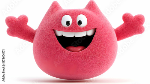 Adorable Pink Monster Cartoon Illustration with Sweet Textured Body on White Background Featuring Playful Expression and Positive Mood with Upraised Arms