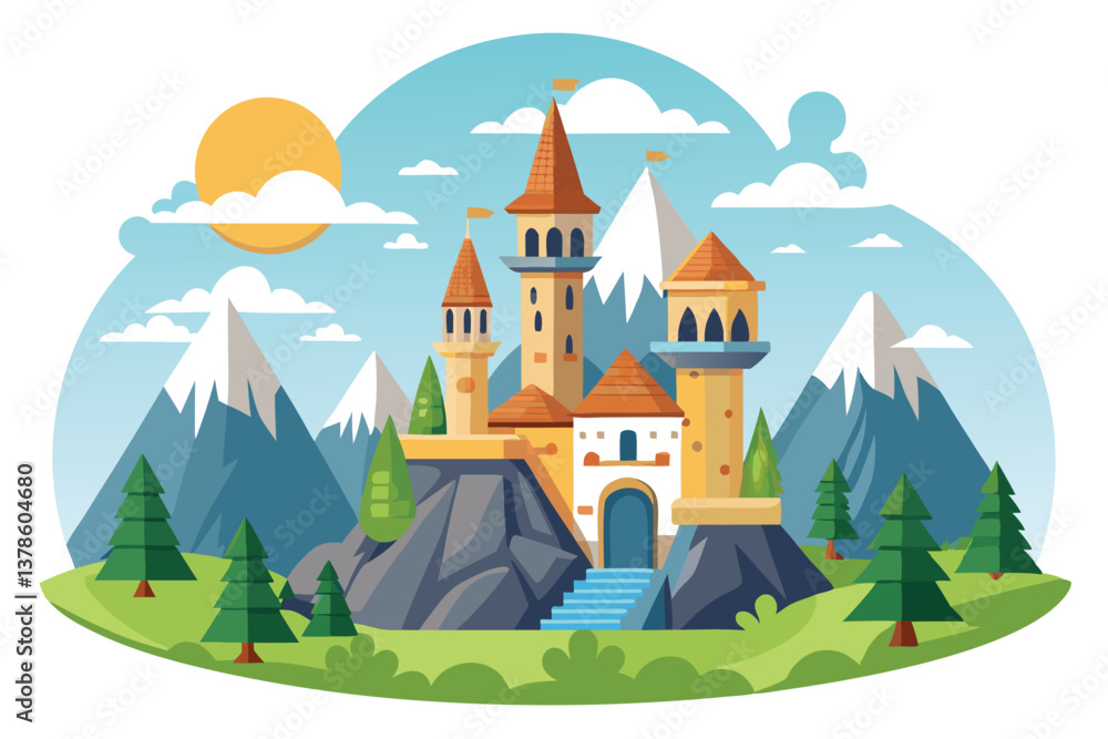 Fantasy Castle with Mountains, Sky, Sun, Trees & Green Meadow Flat Fantasy Castle with Mountains, Sky, Sun, Trees & Green Meadow Flat