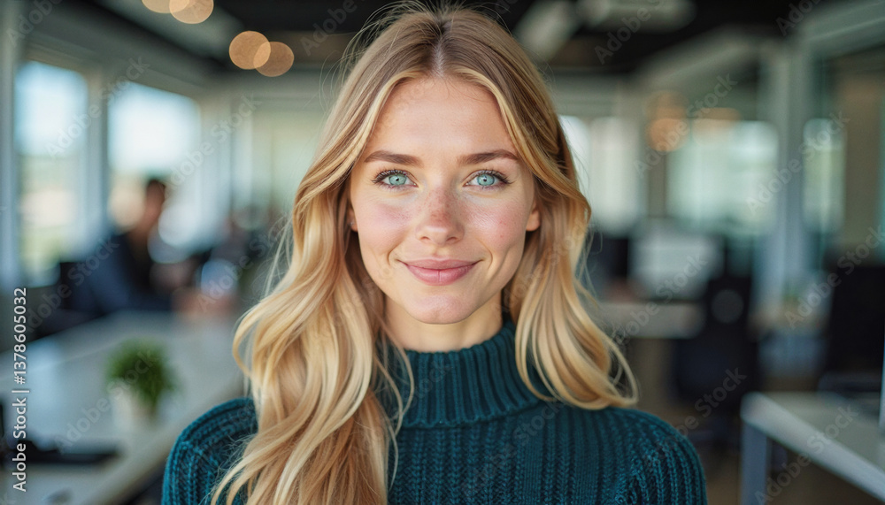 Obraz premium A portrait headshot photo of a friendly professional CEO executive business worker: A young woman with blonde hair and blue eyes smiles confidently at the camera while standing in a modern office