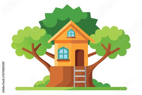 Fun Flat Treehouse Design with Ladder & Green Canopy on Transparent Background