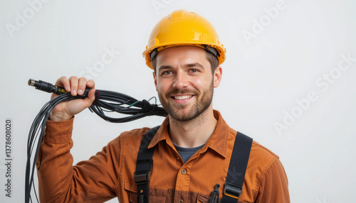 A cheerful cable technician, beaming with pride, confidently carries a bundle of cables on his shoulder, showcasing his expertise and readiness for any job against a simple white backdrop.