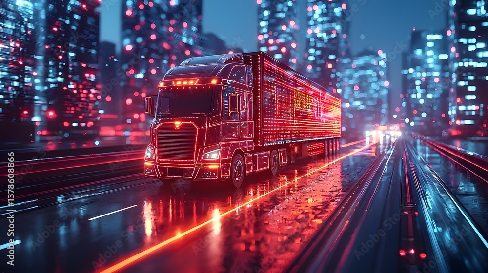 Futuristic transport truck delivering cargo through a dazzling city skyline at night Futuristic transport truck delivering cargo through a dazzling city skyline at night