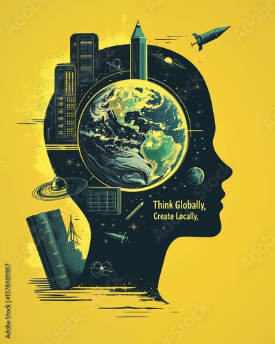 Think Globally Create Locally Globe Illustration -Inspirational design, creative poster, innovation art
