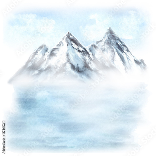 Wallpaper Mural Blue mountain, lake, blue sky landscape background. Travelling clipart. Seascape. Hand drawn watercolor illustration. For postcards, covers, invitations, travelling advertisement Torontodigital.ca