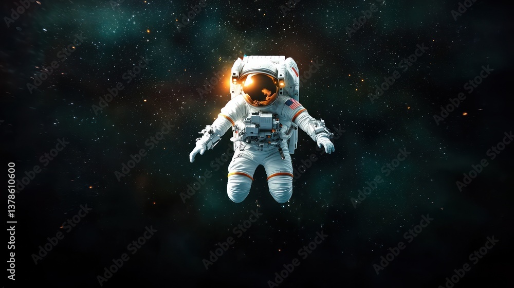 Astronaut in space suit, floating amidst stars Astronaut in space suit, floating amidst stars