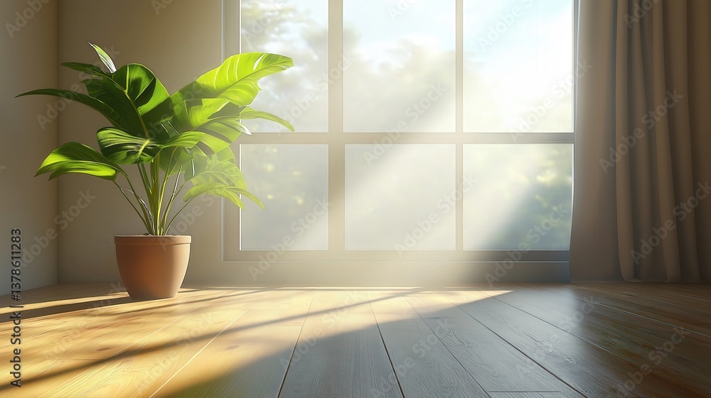 Fototapeta premium Modern Home Design: Natural Light and Greenery in a Serene Living Space for Comfort and Relaxation