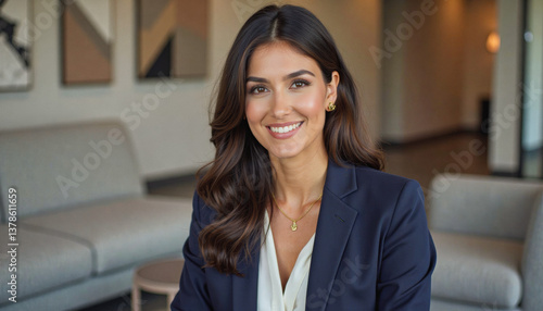 Free Download A portrait headshot photo of a friendly professional CEO executive business worker: A smiling businesswoman with long dark hair sits confidently in a modern office lobby, wearing a navy blazer an - GFXLoad