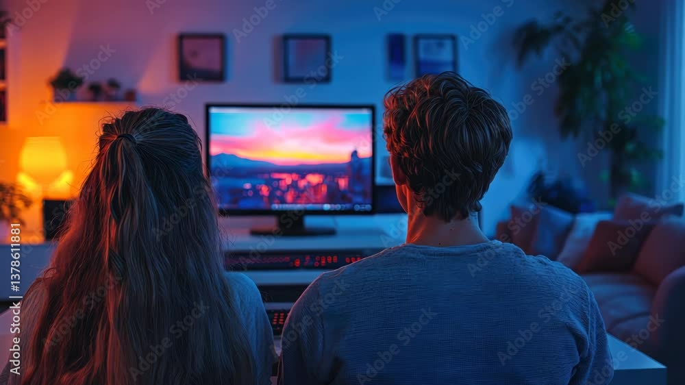 Couple enjoying a digital sunset display at home Couple enjoying a digital sunset display at home