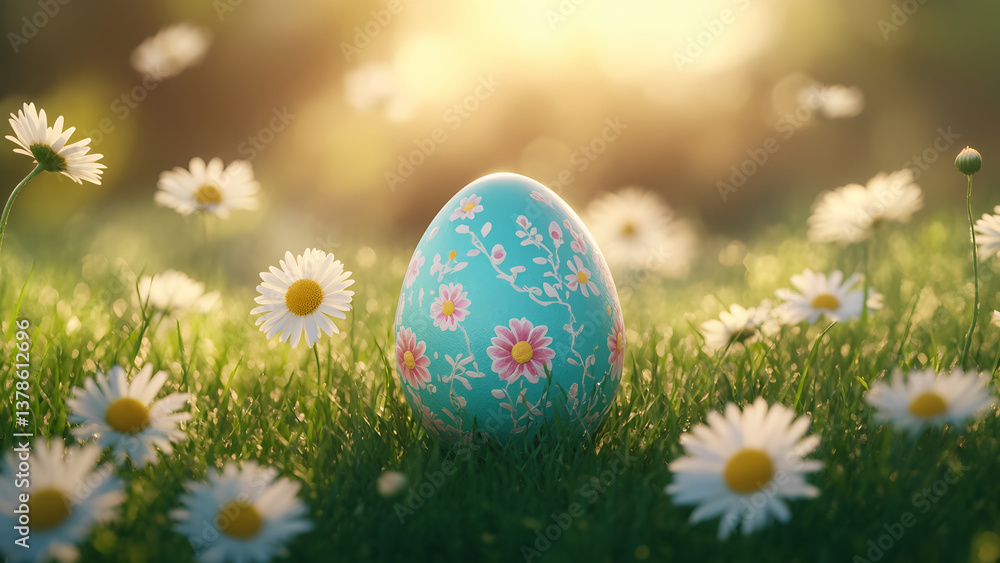A Easter egg is sitting in a field of flowers A Easter egg is sitting in a field of flowers