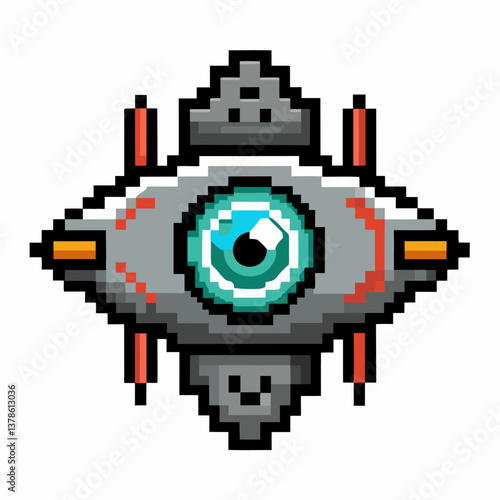 Retro Pixel Art Futuristic Robotic Eye Icon with Geometric Design