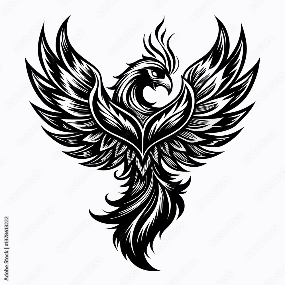Fototapeta premium Intricate Black and White Phoenix Tattoo Design with Majestic Feathers