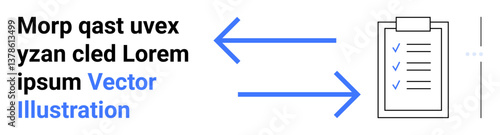 Arrows indicating data transfer between text and clipboard including checklist marks. Ideal for data exchange, task management, workflow, document processing, communication, planning, simple landing