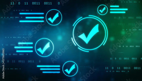 Check Mark on Abstract Blue Backgroud. Quality Control, Guarantee, Checklist, Survey, Compliance Concept, Technology abstract background