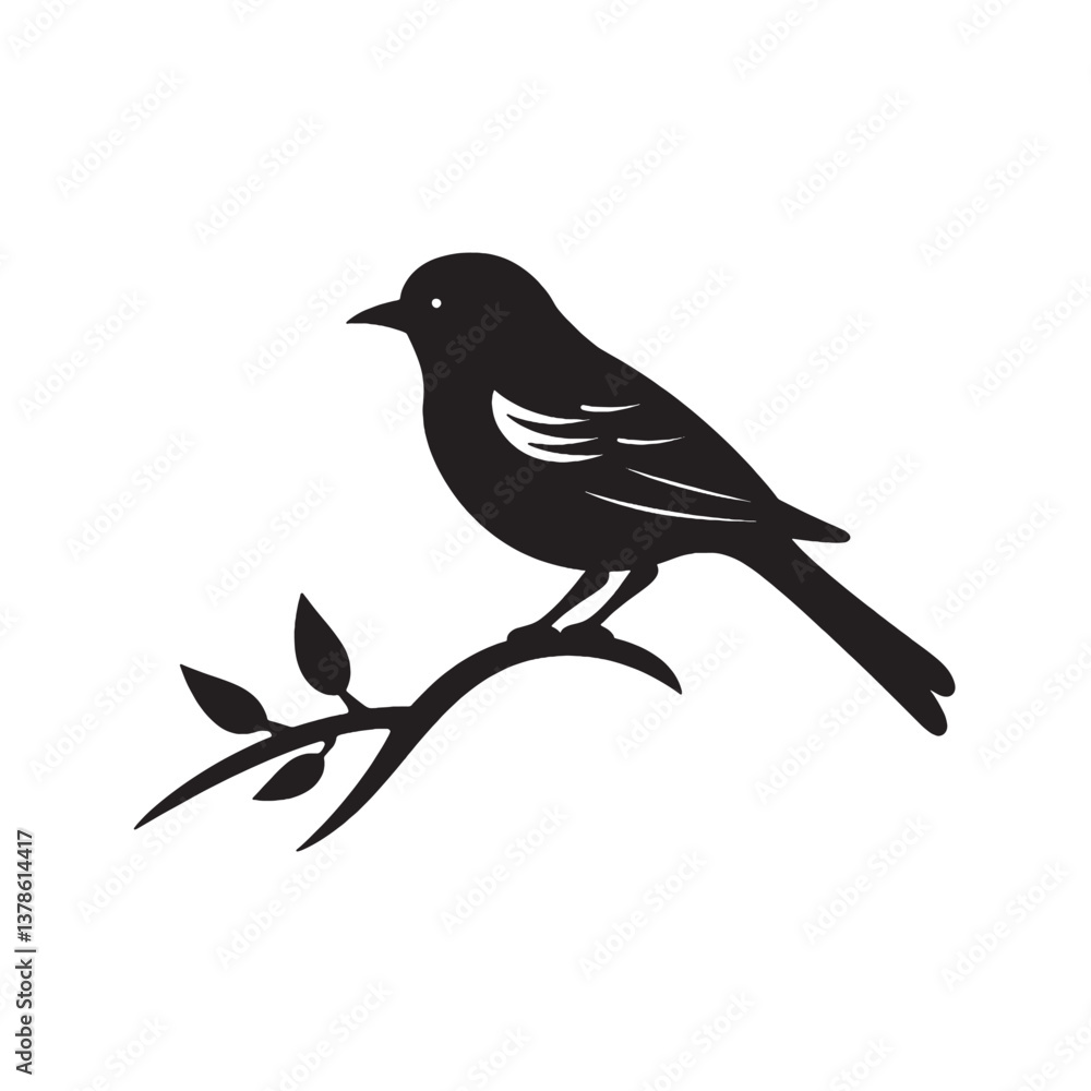 Fototapeta premium Silhouette of a bird perched on a branch, vector illustration of a black crow or raven in nature