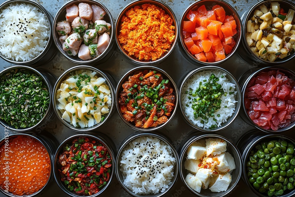 A variety of colorful dishes arranged neatly in a grid pattern A variety of colorful dishes arranged neatly in a grid pattern