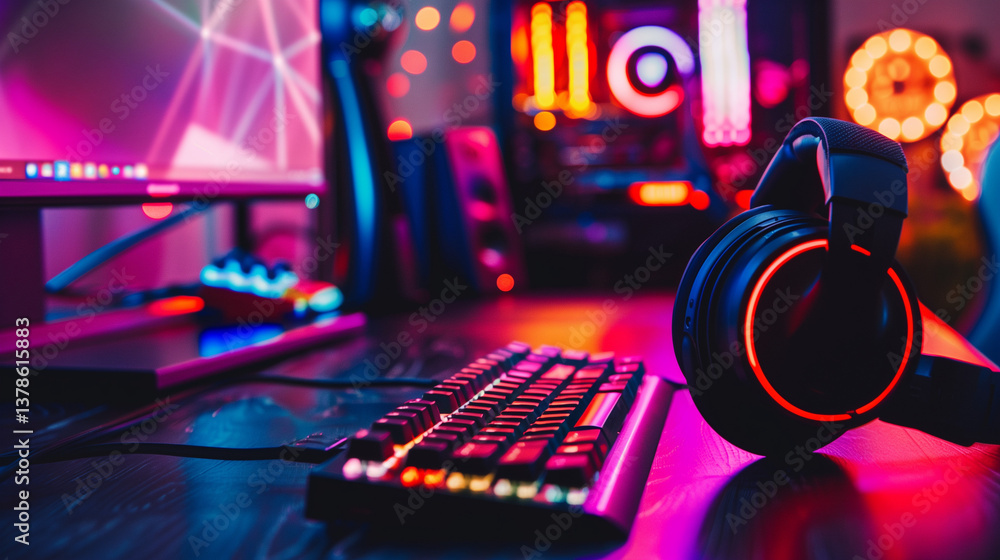 Fototapeta premium Sleek black gaming laptop with RGB backlit keyboard on minimalist dark desk, modern technology for gamers and professionals, high performance computing device for work and entertainment.