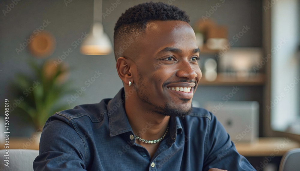 Fototapeta premium A portrait headshot photo of a friendly professional CEO executive business worker: A young Black man with a fade haircut and a neatly trimmed beard smiles warmly while looking thoughtfully off t