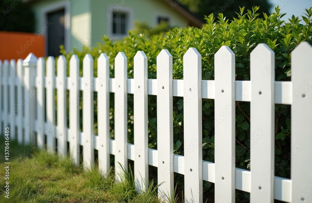 White picket fence in front of house. Classic suburban setting, green grass lawn. Home with manicured hedges backyard. Wooden fence, house exterior, yard. Property design, home ownership concept. White picket fence in front of house. Classic suburban setting, green grass lawn. Home with manicured hedges backyard. Wooden fence, house exterior, yard. Property design, home ownership concept.