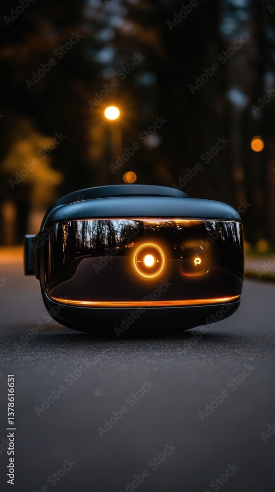 VR headset glows on asphalt at dusk, bokeh lights shimmer in the background. Dark road VR headset glows on asphalt at dusk, bokeh lights shimmer in the background. Dark road